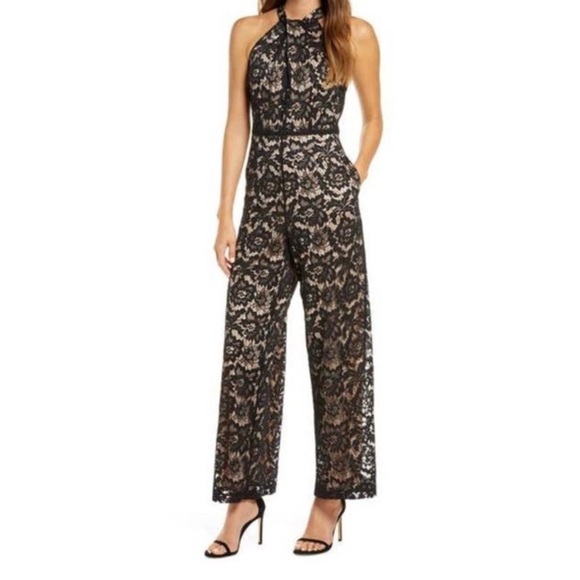 JULIA JORDAN Women's Black/ Nude Wide Leg Lace Halter Jumpsuit Suze 12 N… - Picture 1 of 12